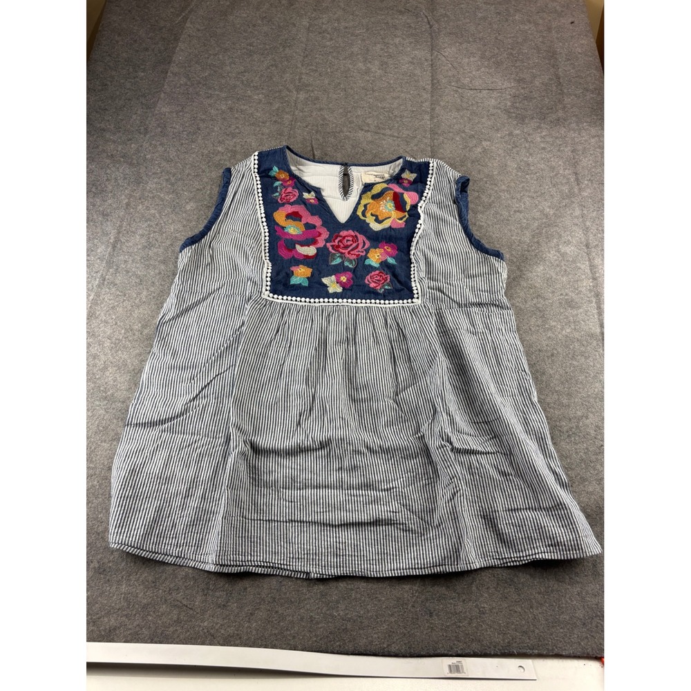 Savanna Jane Blue White Striped Floral Embroidered Babydoll Top 3X Boho Blouse
